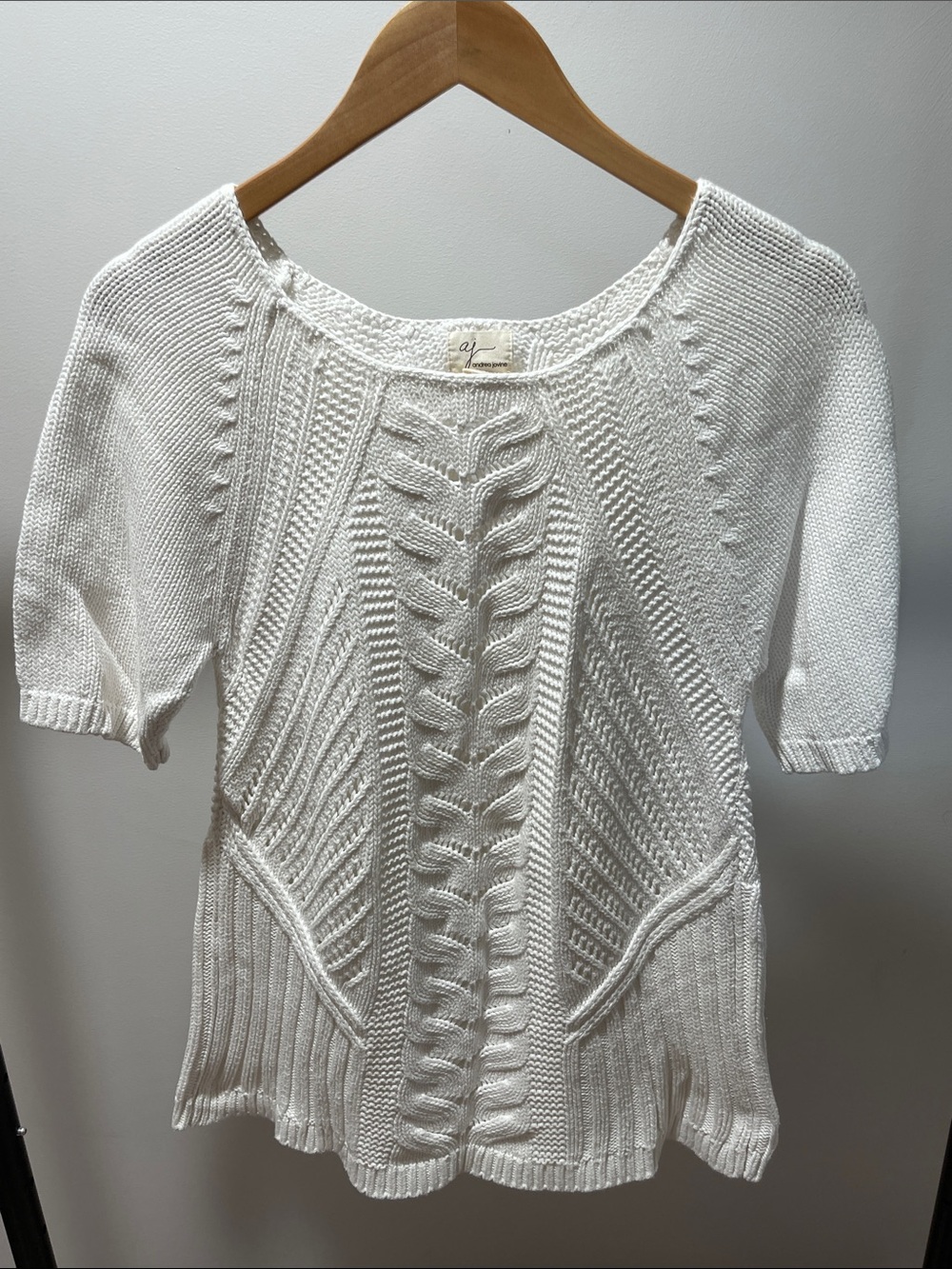 Andrea Jovine White Cable Knit Short Sleeve Sweater
